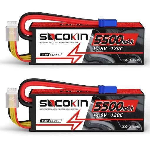 Bateria Lipo 4S Socokin 5500mAh 14.8V 120C con Conector EC5 Estuche Rigido para Coche RC Camion Tanque Buggy Truggy Modelo de Carreras Hobby (Pack de 2)