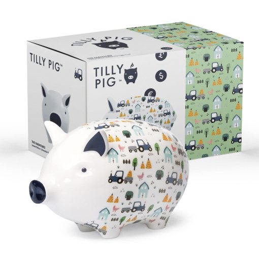 Alcancia de ceramica de cerdito Tilly para ninos y ninas con diseno divertido de granja y animales