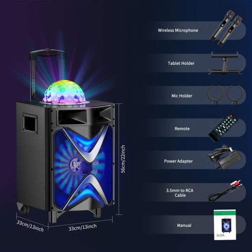 Maquina de Karaoke VeGue para Adultos y Ninos, Altavoz Bluetooth Sistema PA con 2 Microfonos Inalambricos, Subwoofer de 10'', Luz de Bola LED de Discoteca, Maquina de Canto para Karaoke en Casa, Fiesta, Iglesia (VS-1088) - Imagen 8