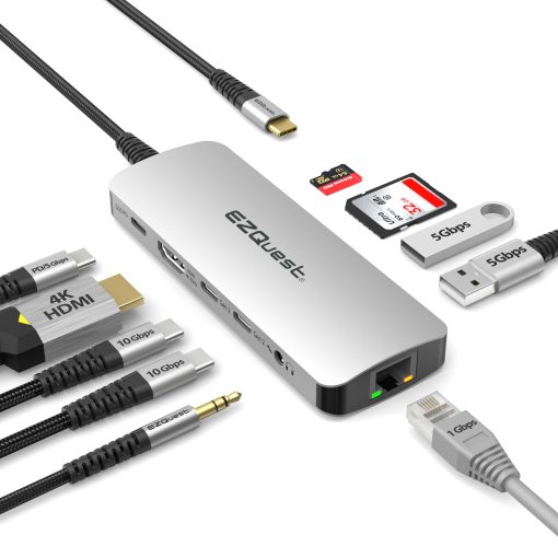 Estacion de acoplamiento de concentrador USB C de EZQuest 10 en 1 con HDMI 4K 60Hz, Ethernet 1 Gbps, 2 puertos USB C Gen 2 de 10 Gbps, 1 puerto USB C PD 3.0, 2 puertos USB A 3.0, Puerto de audio, SD/Micro SD, compatible con ordenadores USB-C