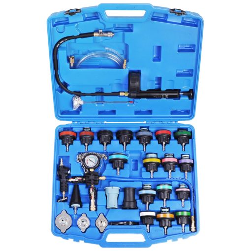 YSTOOL Equipo de Prueba de Presion del Radiador Herramienta de Purga y Relleno de Vacio del Sistema de Enfriamiento Universal 28PCS Juego de Prueba de Fugas de Agua y Relleno de Refrigerante para Automoviles con Adaptadores de Termometro Estuche de Juego