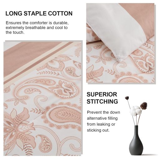Juego de edredon queen FineStichery en rosa, 100% algodon de fibra larga con rayas de estilo campestre, juego de ropa de cama ligera de flores paisley chic, suave alternativa de plumon para todas las estaciones, 3 piezas - Imagen 5