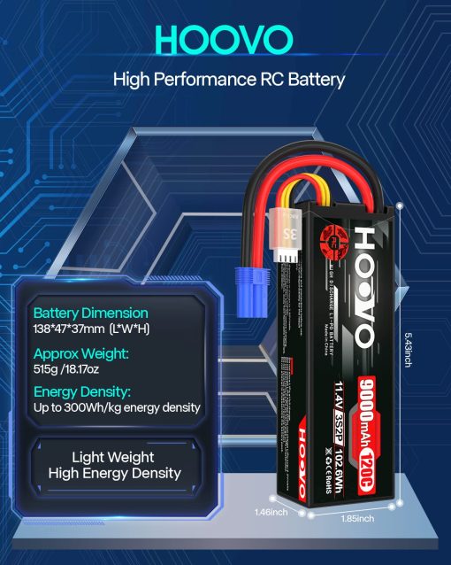 Bateria Lipo HOOVO 3S 11.4V 9000mAh 120C Bateria de Alto Voltaje Estuche Rigido Conector EC5 Compatible con Coches RC Barcos Camiones Buggies Drones Vehiculos RC Pack de 2 - Imagen 3