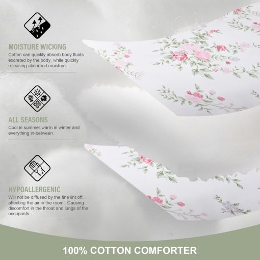 Set de edredon Floral Queen FineStichery - Juego de cama de edredones tamano queen de algodon mullido, juegos de ropa de cama suaves y ligeros, juego de cama acolchado de 3 piezas con fundas de almohada, blanco/rosa - Imagen 5