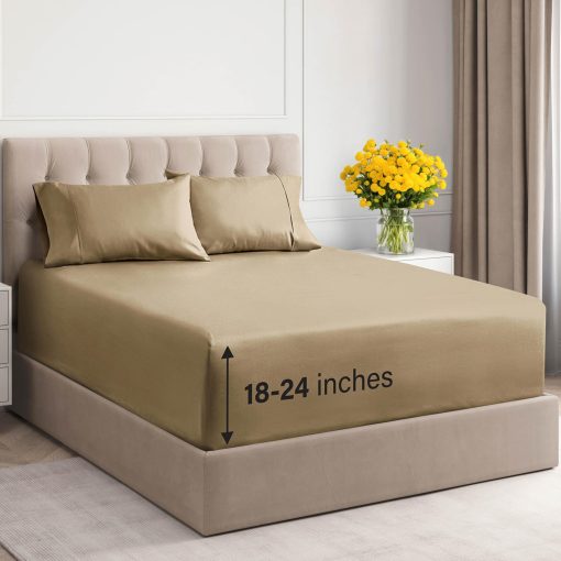Juego de Sabanas de Algodon 100% de 400 Hilos con Bolsillos Extra Profundos para Cama Queen - Transpirables y Refrescantes - Juego de Sabanas de Lujo para Cama de Hotel - Super Suaves, sin Arrugas y Comodas en Color Beige
