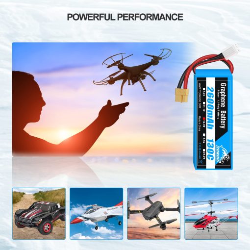 Paquete de 2 baterias LiPo YOWOO 14.8V 2600mAh 130C 4S con Enchufe XT60 para Coche Camion Truggy Avion Helicoptero Quadcopter Drone UAV FPV Barco RC Evader BX - Imagen 6