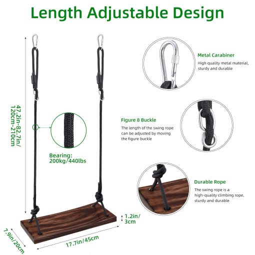 Columpio de Madera, Asiento de Columpio para arbol, PELLOR Asiento de Columpio Colgante Carbonizado para Adultos, Ninos y Ninas con Cuerda Ajustable mas Correas para arboles, 200kg de Carga para Interior, Exterior, Jardin - Imagen 5