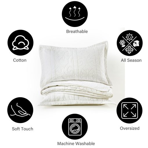 Juego de Edredon 100% Algodon PANGUSHAN Tamano King, Juego de Ropa de Cama con Patron de Bordado, Colcha Ligera de Estilo Granja, Blanco Beige Colcha Reversible para Cama King, 3 Piezas - Imagen 5