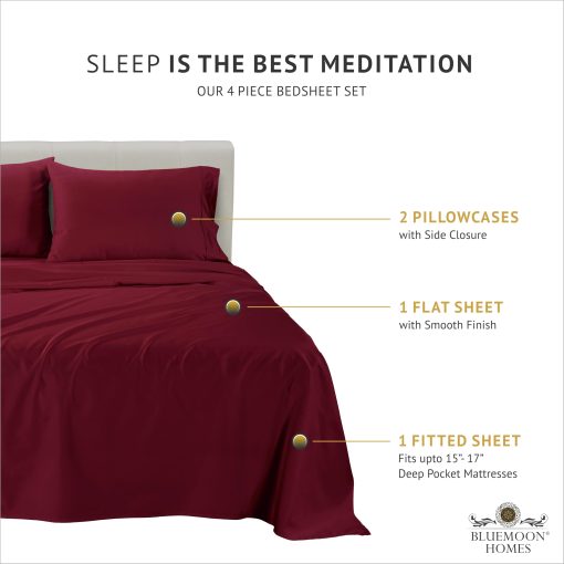 Juego de Sabanas Cal King Bluemoon Homes Deep Pocket Fitted Egyptian Cotton, Juego de Sabanas California King, 1000 TC 4 Piezas, Sabanas de Lujo y Transpirables - Juego de Sabanas Borgoña - Imagen 3