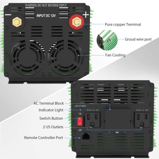 Inversor de Corriente EDECOA 3000 Vatios DC 12V a AC 110V 120V Convertidor 3000W para Coche Camion RV con LCD y Doble Puerto USB Control Remoto (ETRC Remoto) - Imagen 2
