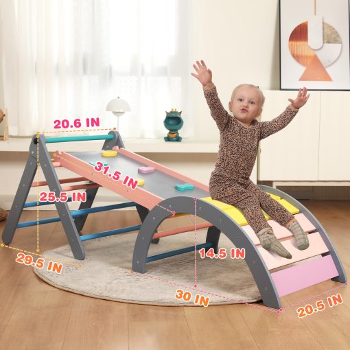 Set de Triangulo Pikler con Cojin, 7 en 1 Juguetes de Escalada para Ninos Pequenos en Interiores, Set de Escalada Plegable Montessori, Juguetes de Madera para Ninos Pequenos 1-3 Anos con Rampa, Arco y Escalera (Arcoiris con Azul) - Imagen 5