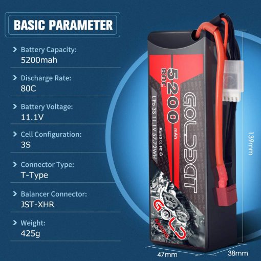 Bateria de LiPo GOLDBAT 3S 5200mAh 80C 11.1V con estuche rigido y conector Deans para modelo de carreras de coches RC (paquete de 2) - Imagen 2