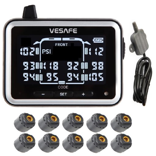 VESAFE TPMS, Sistema de Monitoreo de Presion de Neumaticos Inalambrico para RV, Remolque, Autobus, Casa Rodante, Quinta Rueda, Incluyendo 10 sensores antirrobo.