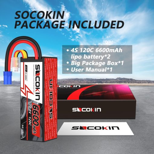 Bateria Lipo Socokin 6600mAh 14.8V 120C con Conector EC5 Estuche Duro para Coche RC Camion Tanque Buggy Truggy Modelo RC Racing Hobby (Paquete de 2) - Imagen 6
