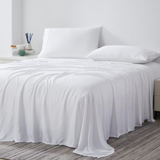Juego de sabanas suaves de Tencel de Southshore Fine Living, tamaño King, 500 hilos, Sabanas de cama King transpirables, mezcla de algodon, 4 piezas con sabana bajera de bolsillo profundo, sabana plana, 2 fundas de almohada; Blanco
