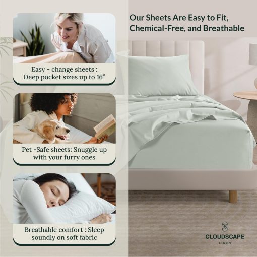 Juego de sabanas de algodon egipcio CLOUDSCAPE LINEN tamano King - 4 piezas, Mineral King Size Bed Sheets Set | Juego de sabanas de algodon egipcio de 1000 hilos | Hasta 16" de bolsillo profundo King Sheet Set - Mineral - Imagen 3