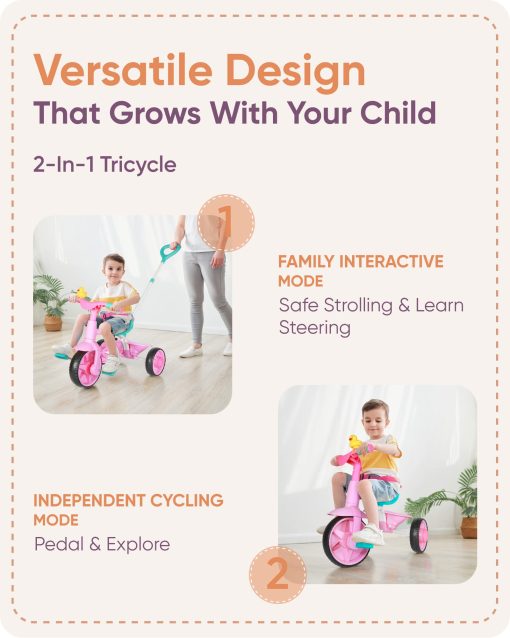 Triciclo 2 en 1 para Ninos KRIDDO de 18 Meses a 3 Anos, Ruedas de EVA Mejoradas, Regalo, Triciclos para Ninos de 2 a 3 Anos con Manillar de Empuje y Campana de Pato, Rosa - Imagen 3