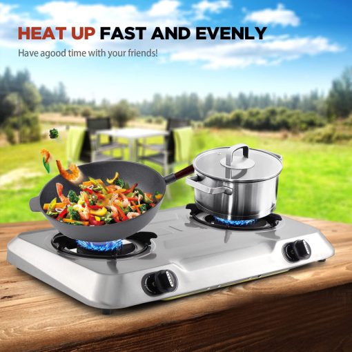 Cocina de gas propano con 2 quemadores, estufa de gas portatil de acero inoxidable con encendido automatico para acampar, doble gas LP para RV, apartamento, exterior - Imagen 7