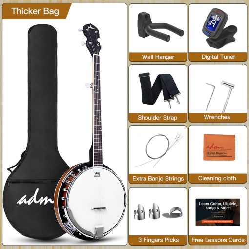 Set de Banjo de 5 Cuerdas ADM Banjo de Tamano Completo con Cabeza de Tambor Remo, Afinador de 5? Engrane, Kit de Banjo para Principiantes con Espalda Cerrada, Paquete de Regalo, Clases Gratis y Accesorios de Inicio para Adulto Adolescente, Tamano Grande - Imagen 3