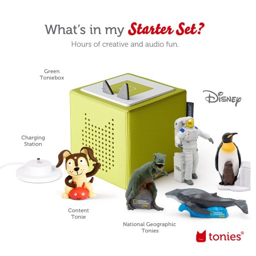 Set de inicio del reproductor de audio Toniebox con National Geographic Astronauta, Dinosaurio, Ballena, Pinguino y Cachorro de Juego - Escucha, Aprende y Juega con una Pequena Caja Abrazable - Verde - Imagen 5