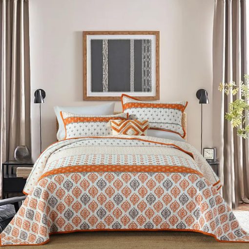 Edredon Tamaño King - Edredon Floral de Algodon 100% Naranja Granja Suave Colcha King Ligera Edredon King Size Juego de Ropa de Cama Reversible Edredon King con 2 Fundas de Almohada - Imagen 2