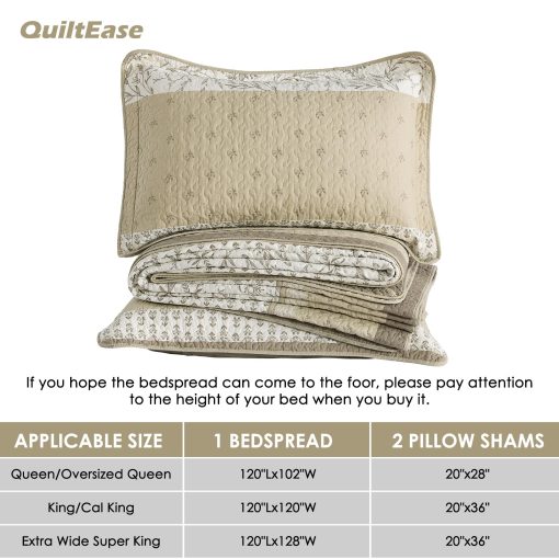Colcha QuiltEase tamano King extra grande - 120" Lx120 W - Set de cubrecamas de rayas ligero 100% algodon - Colcha reversible estilo casa para cama California King - 3 piezas - Marron/Beige/Blanco - Imagen 5