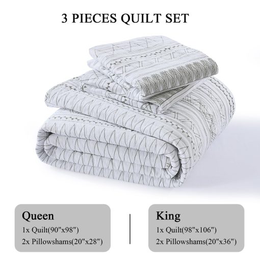 Colcha Boho Queen FineStichery, tamaño Queen, 100% algodon, Juego de colchas geometricas blancas y grises, Conjunto de 3 piezas de colcha bohemia ligera para todas las estaciones - Imagen 6