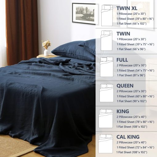 Juego de sabanas de lino frances natural organico al 100%, certificado GOTS, lujoso y suave lavado de piedra, 3 piezas de sabanas para cama (Azul Marino, Individual) - Imagen 6