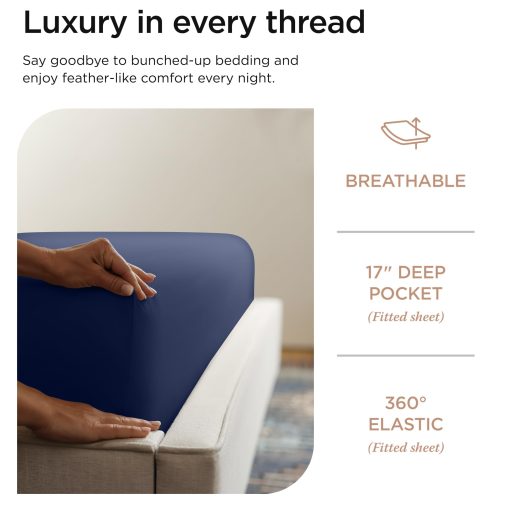Juego de Sabanas de Algodon Supima Threadmill Queen, 1000 Hilos, 4 Piezas para Colchon Queen, Sabanas de Cama de Lujo, Tela Satinada de Calidad de Hotel con Bolsillo Elastico Profundo, Azul Folkstone - Imagen 5