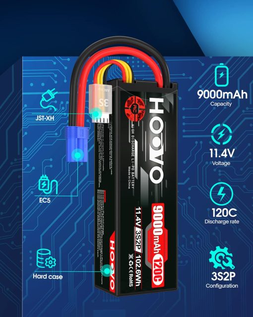 Bateria Lipo HOOVO 3S 11.4V 9000mAh 120C Bateria de Alto Voltaje Estuche Rigido Conector EC5 Compatible con Coches RC Barcos Camiones Buggies Drones Vehiculos RC Pack de 2 - Imagen 2