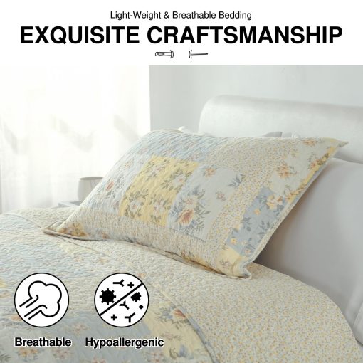 Colcha de Rey Sobredimensionada DDUOXIN (120"x120") - 100% Algodon Reversible con Estampado Floral Acolchado, Fundas de Almohada, Juegos de Colchas Ligeras Estilo Granja, Amarillo, Rey/ Cal King - Imagen 5
