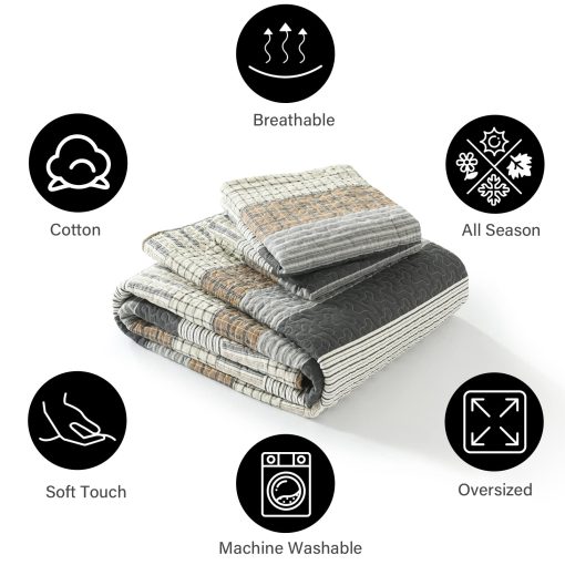 Juego de Edredon PANGUSHAN 100% Algodon Tamaño Queen, Colcha Patchwork Juego de Edredon Queen Ropa de Cama Cubrecamas, Edredon Reversible Ligero de Estilo Granja, Blanco/Marron/Gris Colcha para Todas las Estaciones, 3 Piezas - Imagen 5