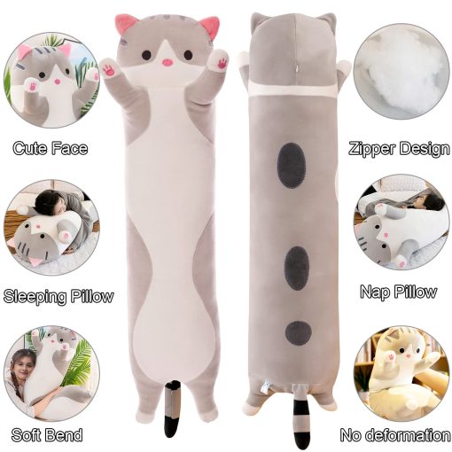 Gigante Almohada De Gato De Peluche Dibujos Animados Gatito Durmiendo Abrazando Almohada, Suave Y Mimoso Largo Almohada De Cuerpo De Gato Muñeco De Almohada De Juguete Para Niños Novia (Gris, 150cm/59inch) - Imagen 4