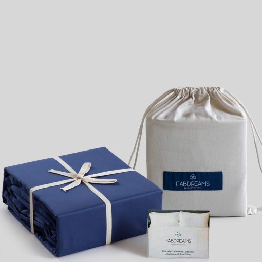 Juego de Sabanas Queen Size de 100% Algodon Organico con Tejido Percale | 300 Hilos | Certificado GOTS | Algodon de Fibra Larga | Fresco, Crispado y Transpirable | Ajuste para Colchones de hasta 17" de Bolsillo Profundo | Azul Oscuro