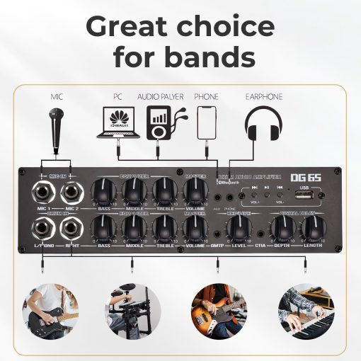 Amplificador de bateria electrica Vangoa 65W Profesional Altavoz de amplificador de tambor electronico inalambrico de 3 bandas EQ USB Monitor personal de bateria electrica Altavoz de teclado, Negro - Imagen 6