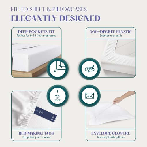 Juego de sabanas de algodon egipcio XOOX Linen 100% California King - 1500 hilos 4 PC Sabanas Cal King de algodon egipcio, Suaves, Sabanas frescas de saten, Sabanas de alto hilo California King - Blanco - Imagen 4