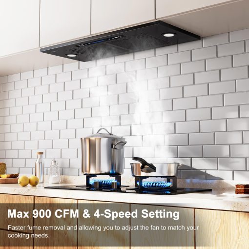 Campana extractora HisoHu de 30 pulgadas / 36 pulgadas, 900 CFM con Ducto Convertible Ductless (Kit Incluido), Campana de Cocina de Acero Inoxidable con 4 Velocidades de Escape (30'', Negro) - Imagen 2
