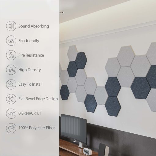 Paquete de 12 Paneles Acusticos Amantech Autoadhesivos de Espuma Aislante de Alta Densidad para Sonido, Panel de Espuma Acustica Hexagonal de 12X10.23X0.4 Pulgadas en Casa, Oficina, Sala de Grabacion, Estudio (Negro) - Imagen 3