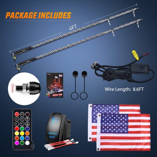 Nilight 2PCS 4FT Spiral RGB LED Whip Light w/RGB Chasing/Dancing Light RF Remote Control Lighted Antenna Whips for Can-am ATV UTV RZR Polaris Dune Buggy 4 Wheeler Offroad Jeep Truck, 2 Year Warranty - Imagen 8