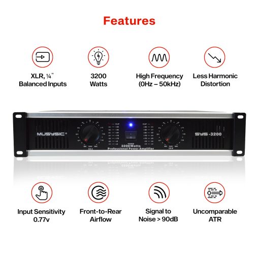 Amplificador de Potencia de 2 Canales MUSYSIC - Sonido Libre de Distorsiones y Claro - Amplificadores Profesionales de Montaje en Rack de 2U para DJs/Expertos/Eventos con Tecnologia ATR/Entradas XLR y 1/4 de Pulgada - 3200 Watts - Imagen 2
