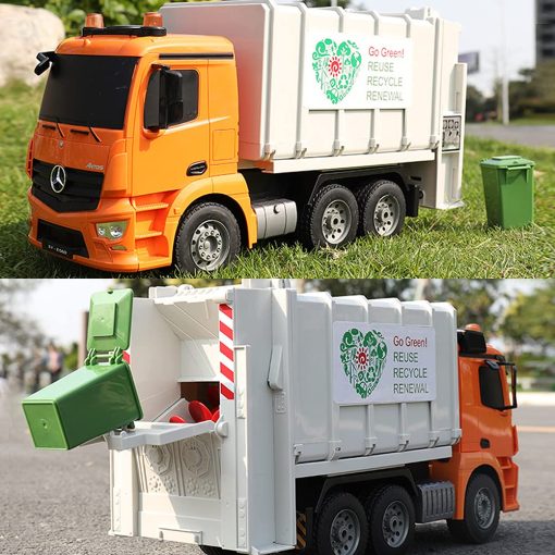 Camion de Basura de Control Remoto con Licencia Benz DOUBLE E Juguete Electrico de Reciclaje con Contenedor de Basura Luces Reales Camion de Gestion de Residuos Recargable Regalo para Ninos - Imagen 5