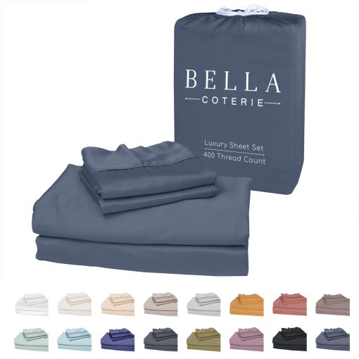 Juego de sabanas de lujo Bella Coterie Luxury Queen Bamboo | Cultivadas organicamente | Ultra suaves | Refrescantes para los que duermen caliente | Bolsillo profundo de 18" | Viscosa de bambu [Azul pizarra]