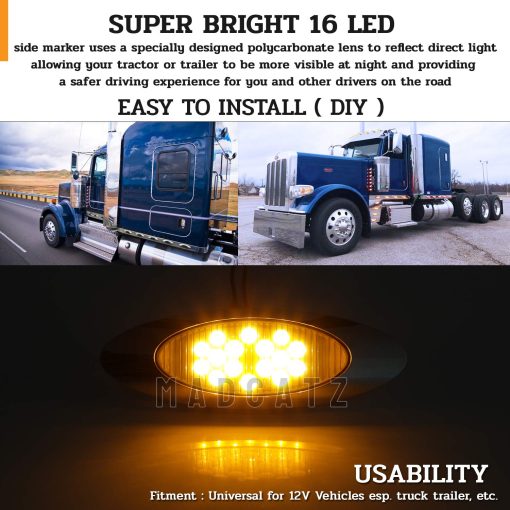 23 Luces Marcadoras Laterales de 6.5 pulgadas de Lente Ahumada en ambar con 16 luces LED ovales de MadCatz para Remolque de Camiones Paquete de 23 - Imagen 4