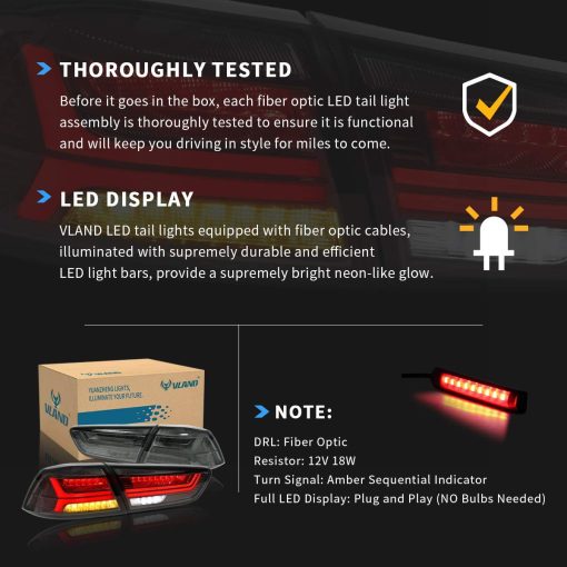 Juego de luces traseras LED VLAND Compatible con Mitsubishi Lancer & EVO X 2008-2020 (No Compatible con Sportbacks/fortis/io) con Señal de Giro Secuencial ambar, Ensamblaje de lampara trasera de LED completo Humo/Tinte - Imagen 6