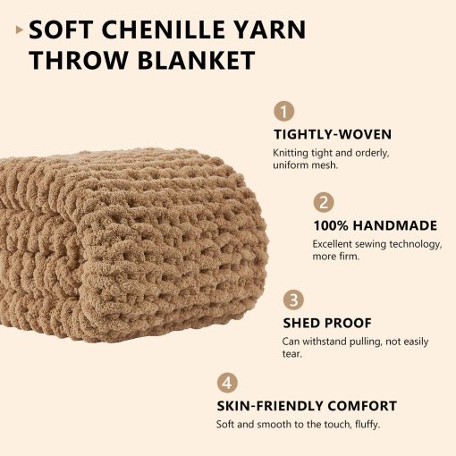 Manta de Punto Grueso L'AGRATY: 60''x80'' Manta Tejida de Chenille Grueso para Cama Sofa - Manta de Gran Punto Grueso Hecha a Mano - Manta de Ganchillo Grande para Decoracion del Hogar (Beige) - Imagen 2
