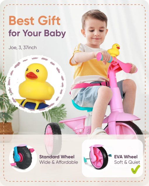 Triciclo 2 en 1 para Ninos KRIDDO de 18 Meses a 3 Anos, Ruedas de EVA Mejoradas, Regalo, Triciclos para Ninos de 2 a 3 Anos con Manillar de Empuje y Campana de Pato, Rosa - Imagen 4