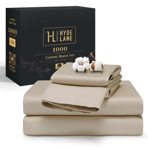 Juego de sabanas de lujo Hyde Lane de 1000 hilos 100% algodon para cama King | Muy comodo y grueso con bolsillo profundo - Ajustable hasta colchon de 18", Tejido de saten de lujo de hotel - Juego de sabanas de 4 piezas (Taupe, King)
