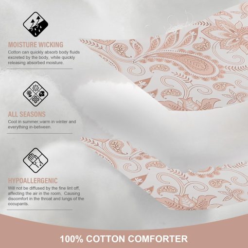 Juego de edredon queen FineStichery en rosa, 100% algodon de fibra larga con rayas de estilo campestre, juego de ropa de cama ligera de flores paisley chic, suave alternativa de plumon para todas las estaciones, 3 piezas - Imagen 6