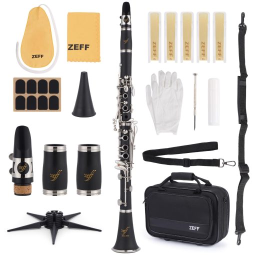 Clarinete ZEFF Bb, Clarinete para Principiantes con 2 Barriles, Llaves Niqueladas, Estuche, Soporte, 5 Canas, Pano de Limpieza, Grasa de Corcho, Cepillo para Boquilla y Cepillo para Almohadilla