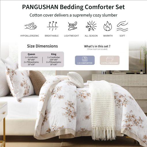 Juego de Edredon King Size PANGUSHAN, Edredon Acolchado de Algodon Floral Esponjoso para Cama King, Set de Cama de Lujo, Todas las Estaciones, Alternativa al Plumon, 3 Piezas, Blanco/Marron - Imagen 3